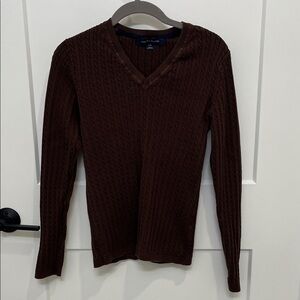 Tommy Hilfiger Dark Brown V-Neck Cotton Mini Cable Sweater Size S/P